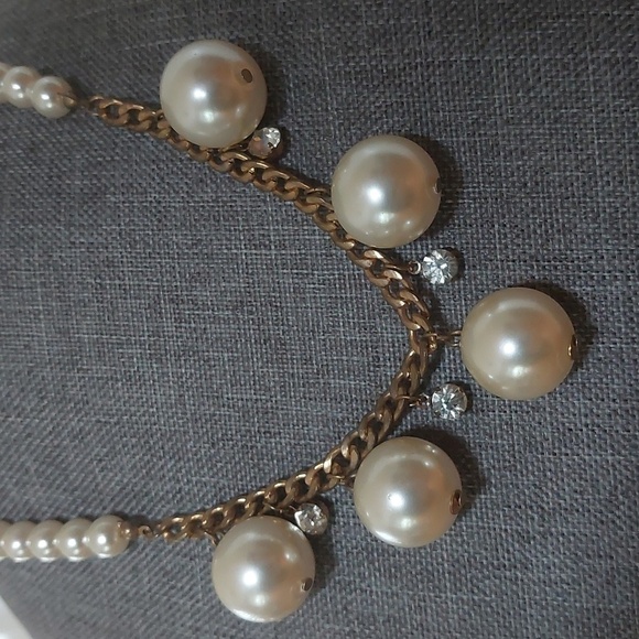 Unique Faux Pearl Chunky Necklace Gold Curb Chain Crstals 17-19" - Picture 5 of 5